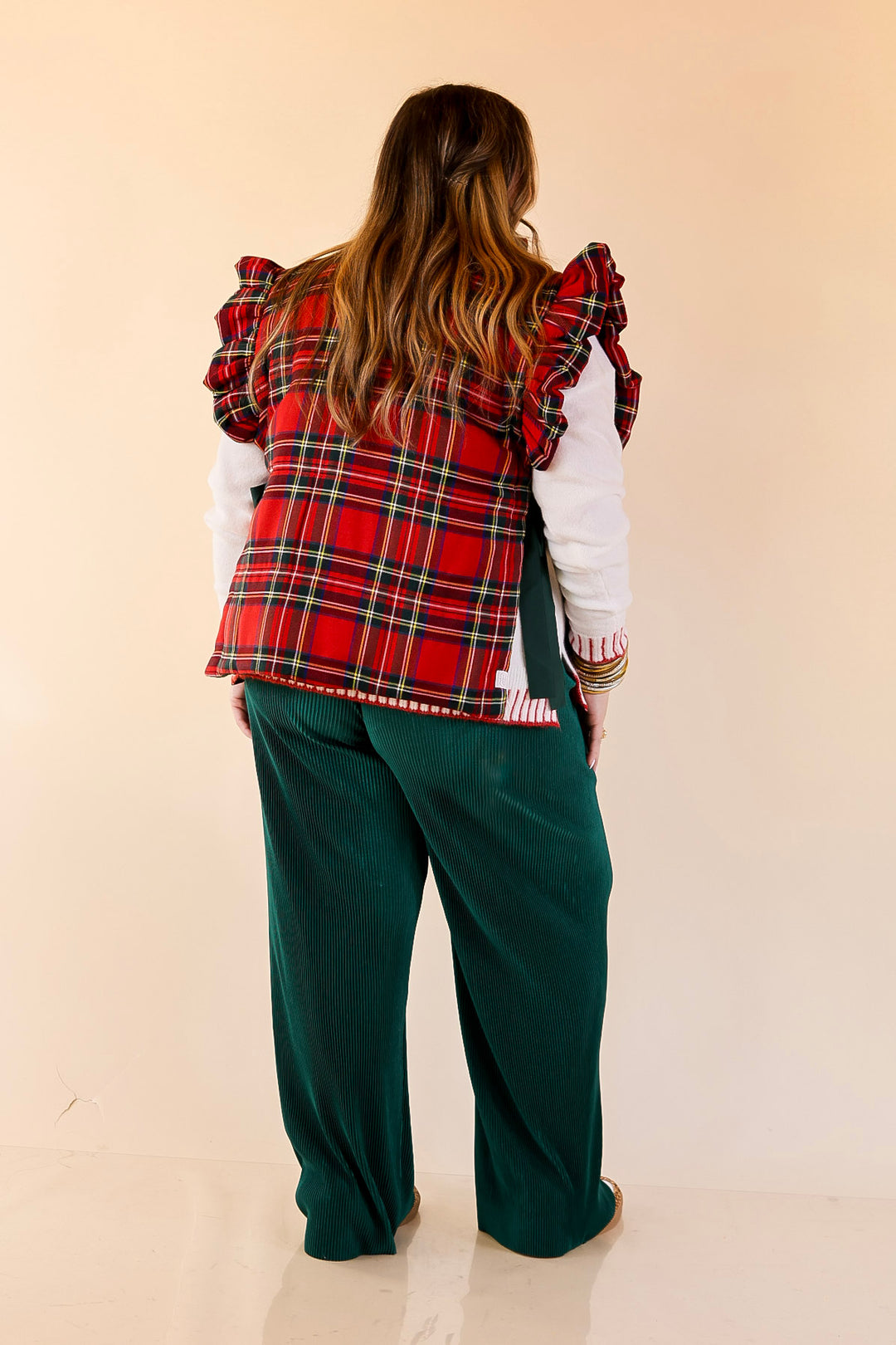 Mud Pie | Jefferies Quilted Plaid Reversible Vest with Ruffle Cap Sleeves and Bow Side Closure in Red