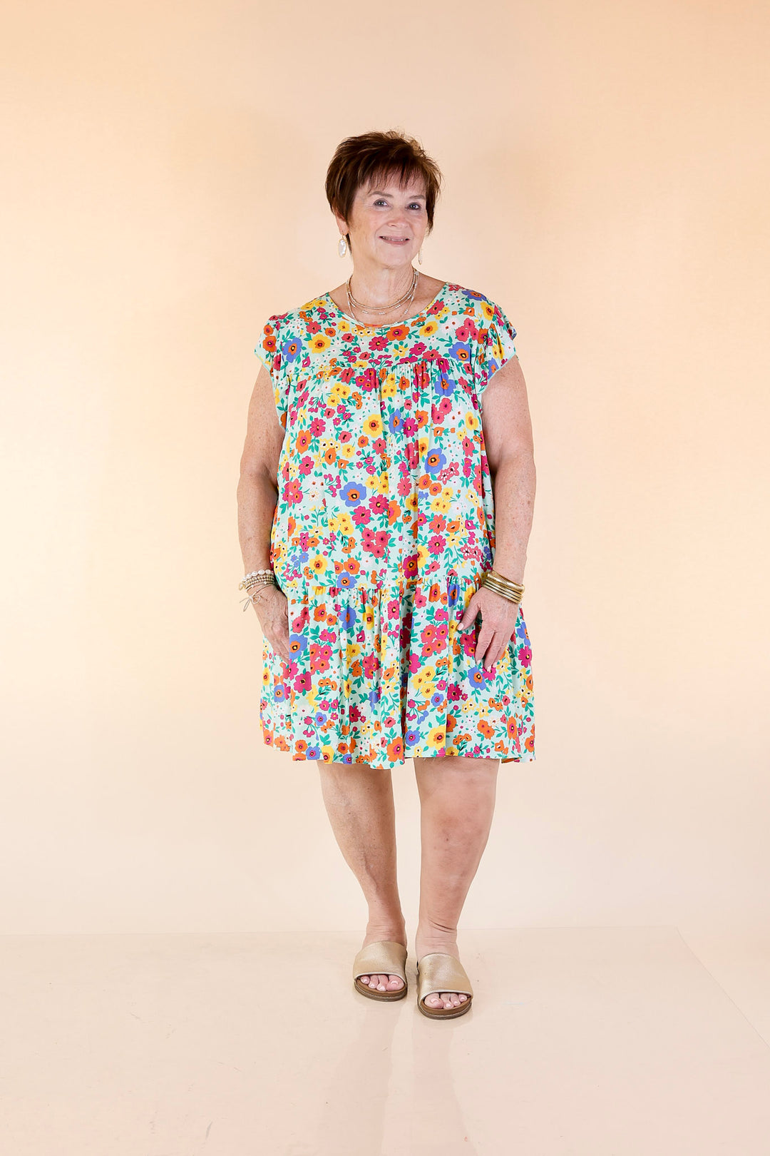 Greek Isles Floral Dress with Ruffle Cap Sleeves in Mint Green