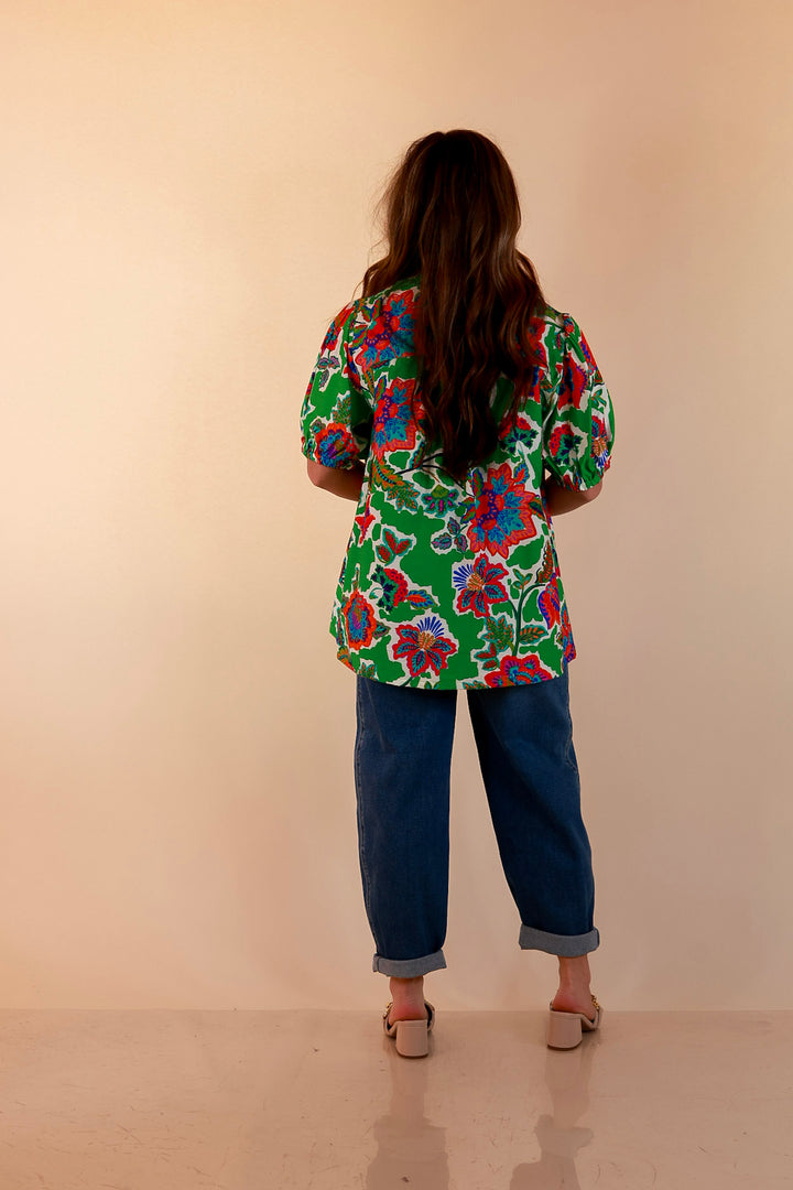 Petal Pop Floral Print Ruffle Front Button Up Top with Puff Sleeves in Green