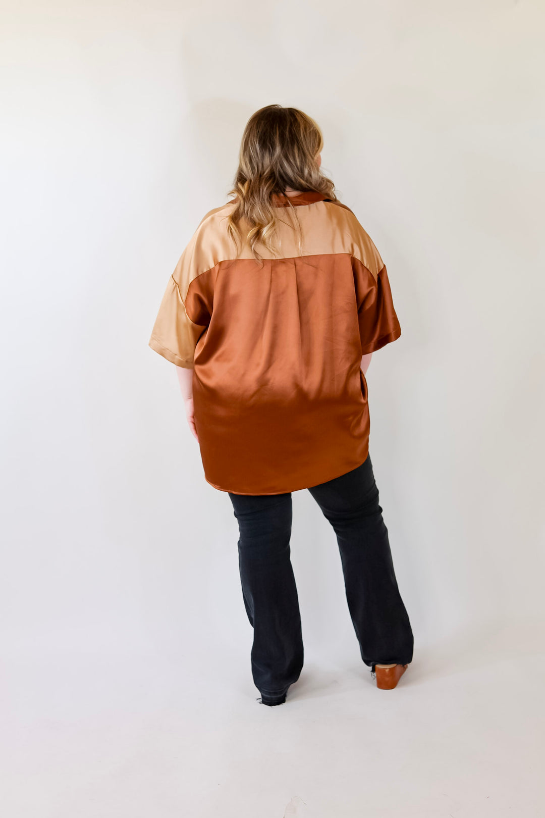 Meant To Be Happy Button Up Color Block Satin Top in Brown Mix - Giddy Up Glamour Boutique