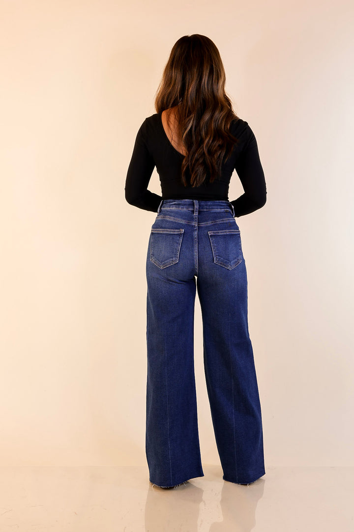 Risen | Signature Silhouette Wide Leg Raw Hem Palazzo Jeans in Dark Wash
