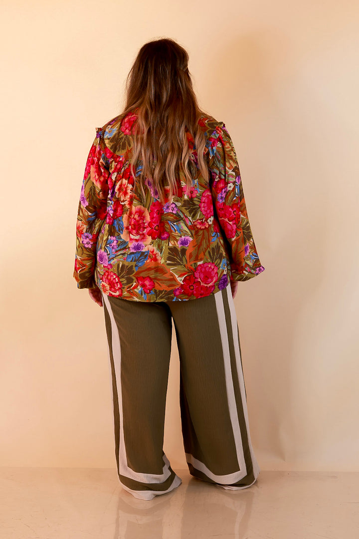 Garden Social Long Sleeve Ruffle Shoulder V-Neck Flowy Floral Print Blouse in Olive Green Multi