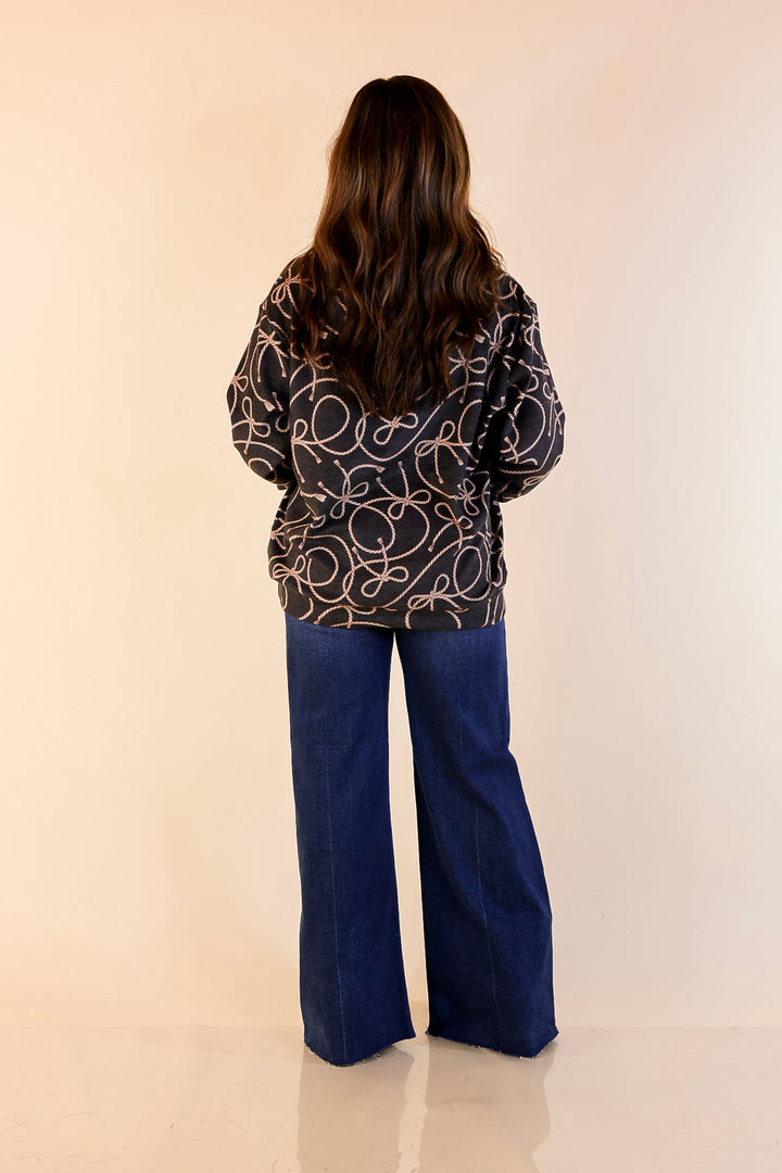 Tied with Grace Super Soft Brushed Long Sleeve Sweatshirt with Rope and Bow Design in Black