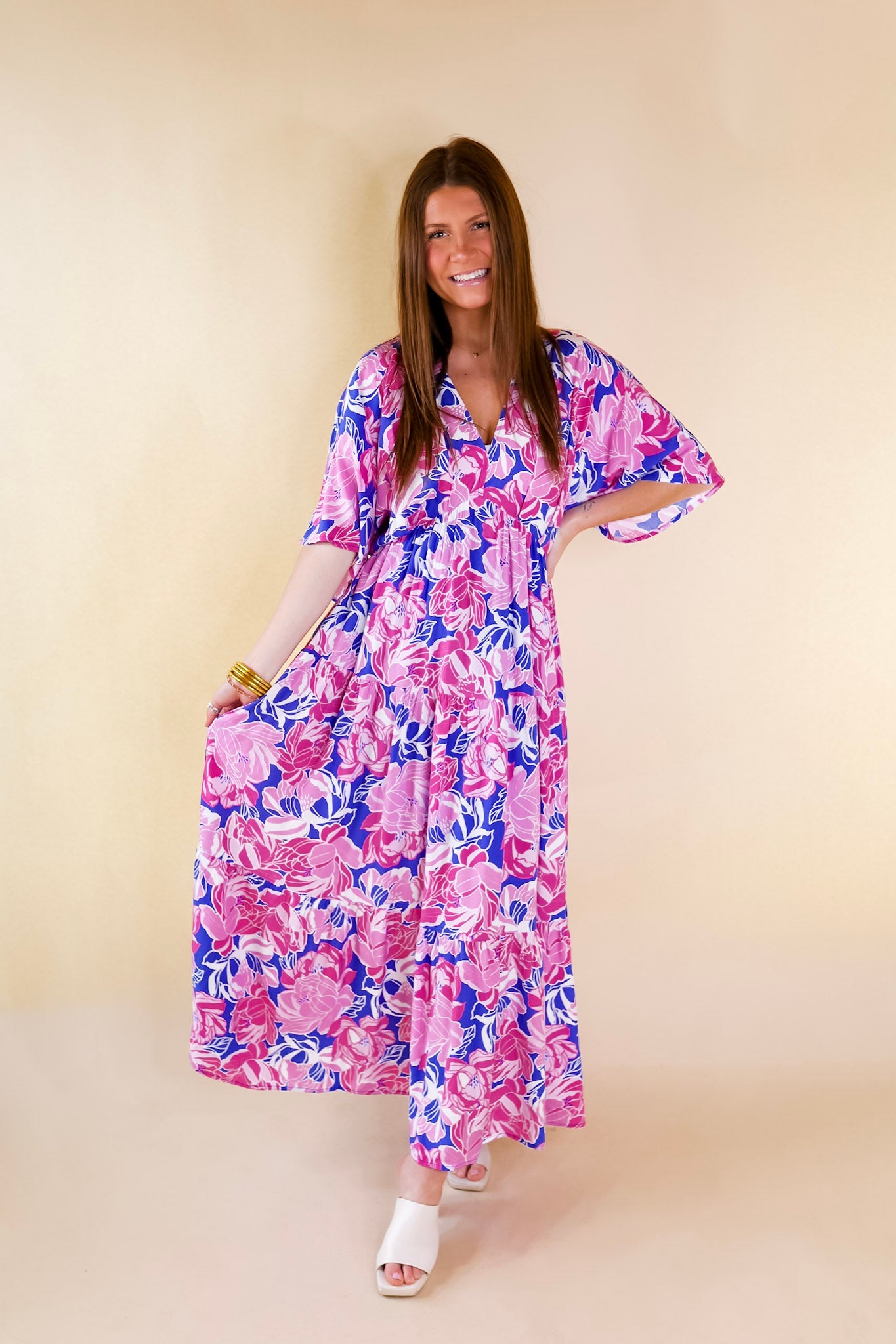 Waving Hello Floral Maxi Dress with V Neckline in Blue and Pink
