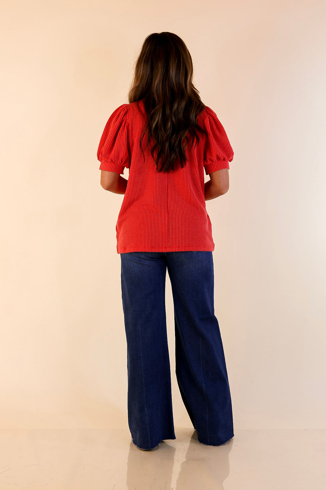 Sweet Sophistication Puff Short Sleeve Ribbed Top with Scoop Neck in Red