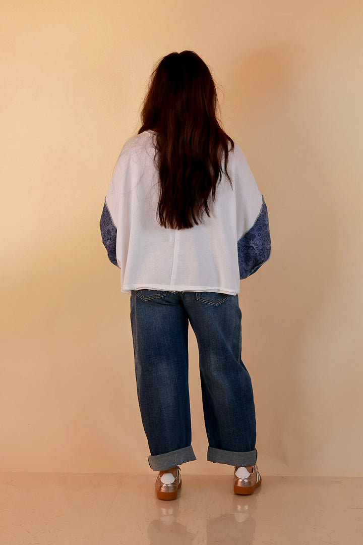 Blooming Details Oversized Floral Appliqué Contrast Sleeve Raw Hem Top in Ivory and Denim Blue