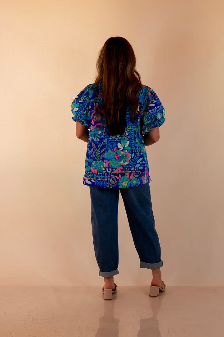 Living in Color Watercolor Floral Print Textured Top with Puff Sleeves in Royal Blue