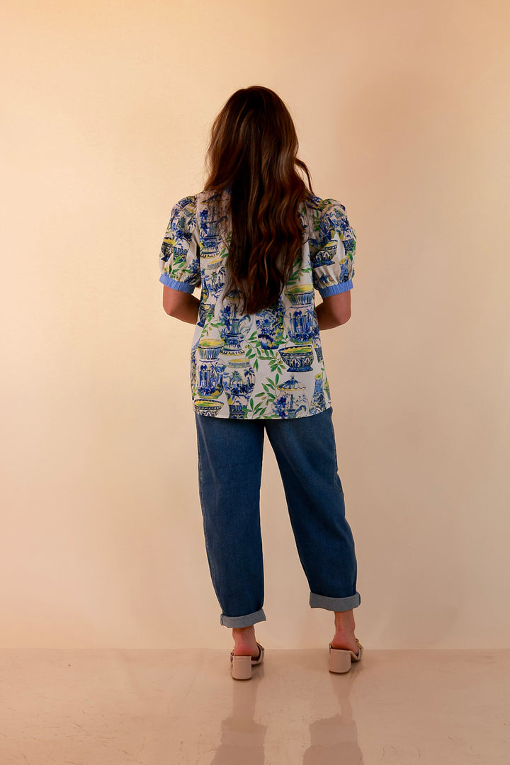 Coast is Clear Vase Print Contrast Trim Top with Puff Sleeves in Blue Multi