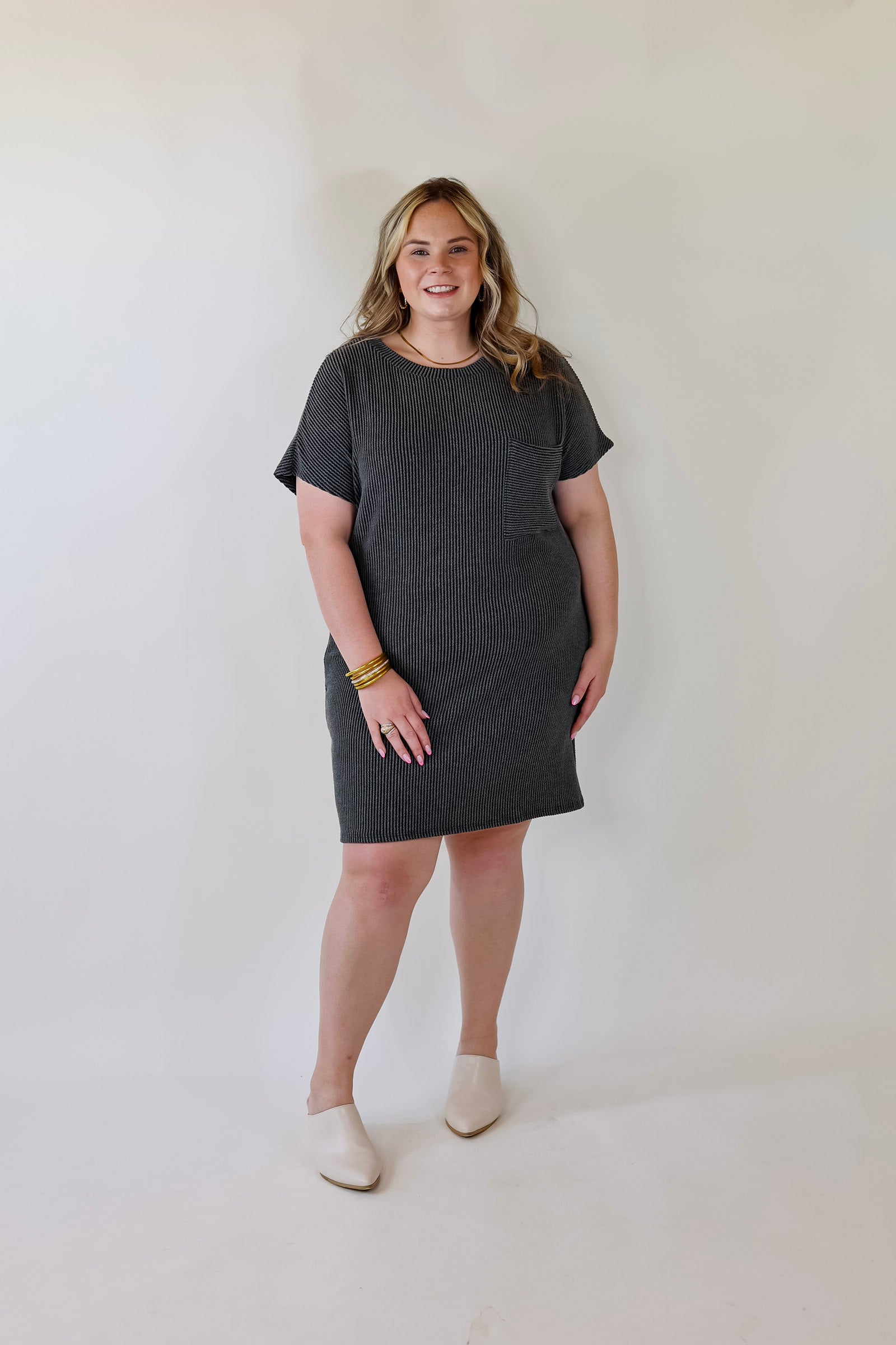 Coffee and Carefree Ribbed Short Sleeve Dress with Front Pocket in Charcoal - Giddy Up Glamour Boutique