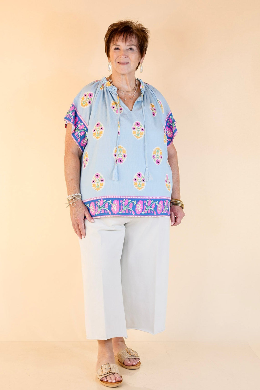 Blossom in Blue Floral Print A-Line Top in Blue and Pink Mix