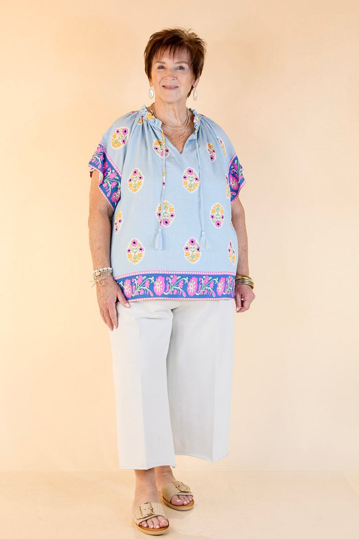 Blossom in Blue Floral Print A-Line Top in Blue and Pink Mix