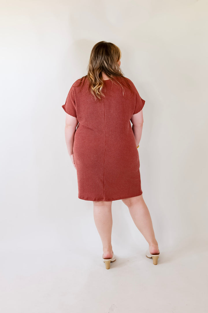 Coffee and Carefree Ribbed Short Sleeve Dress with Front Pocket in Rust Red - Giddy Up Glamour Boutique