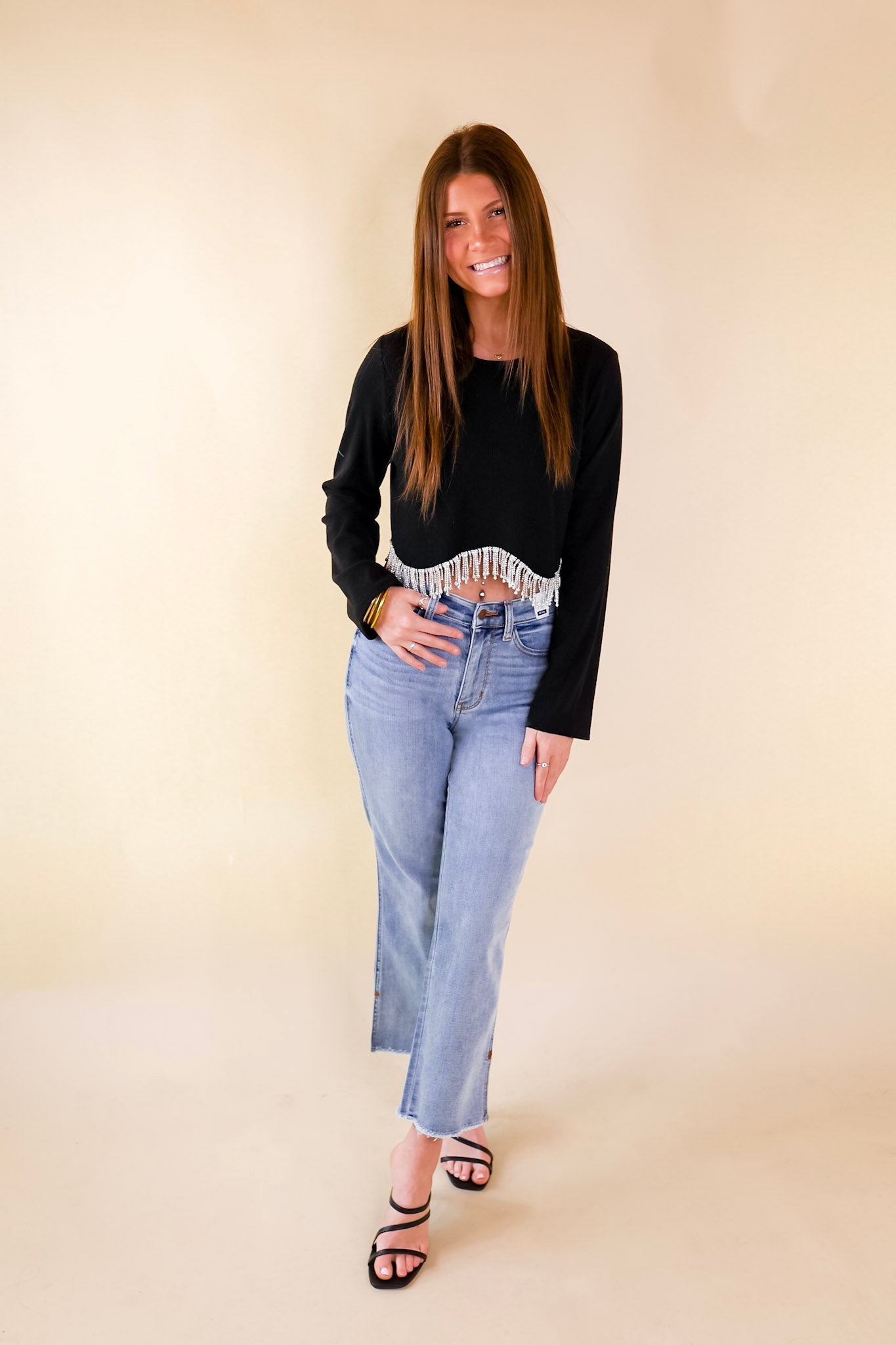 Signature Look Long Sleeve Crop Top with Crystal Fringe Trim in Black - Giddy Up Glamour Boutique