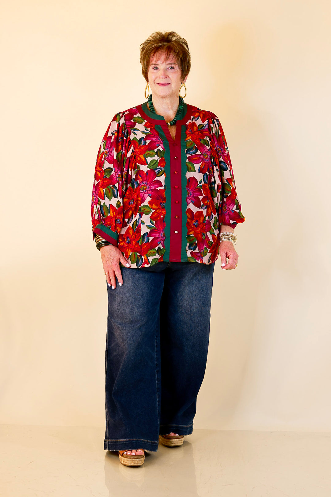 Color Me Confident Floral Print Button Front Contrast Trim Top in Ivory, Plum and Emerald Green
