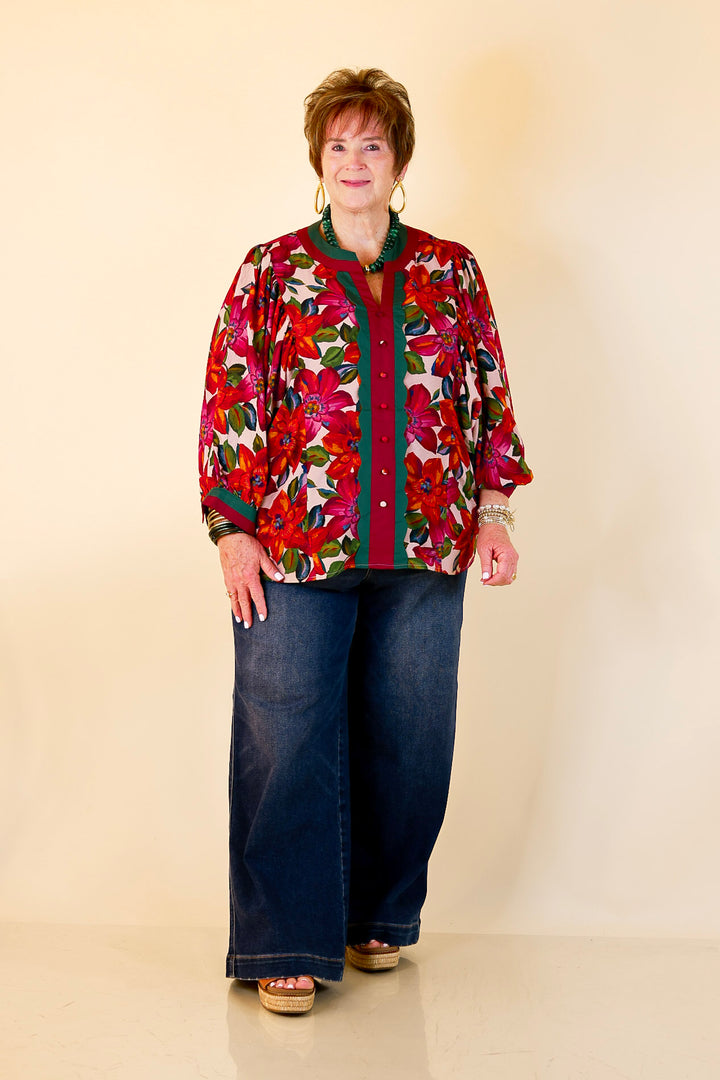 Color Me Confident Floral Print Button Front Contrast Trim Top in Ivory, Plum and Emerald Green