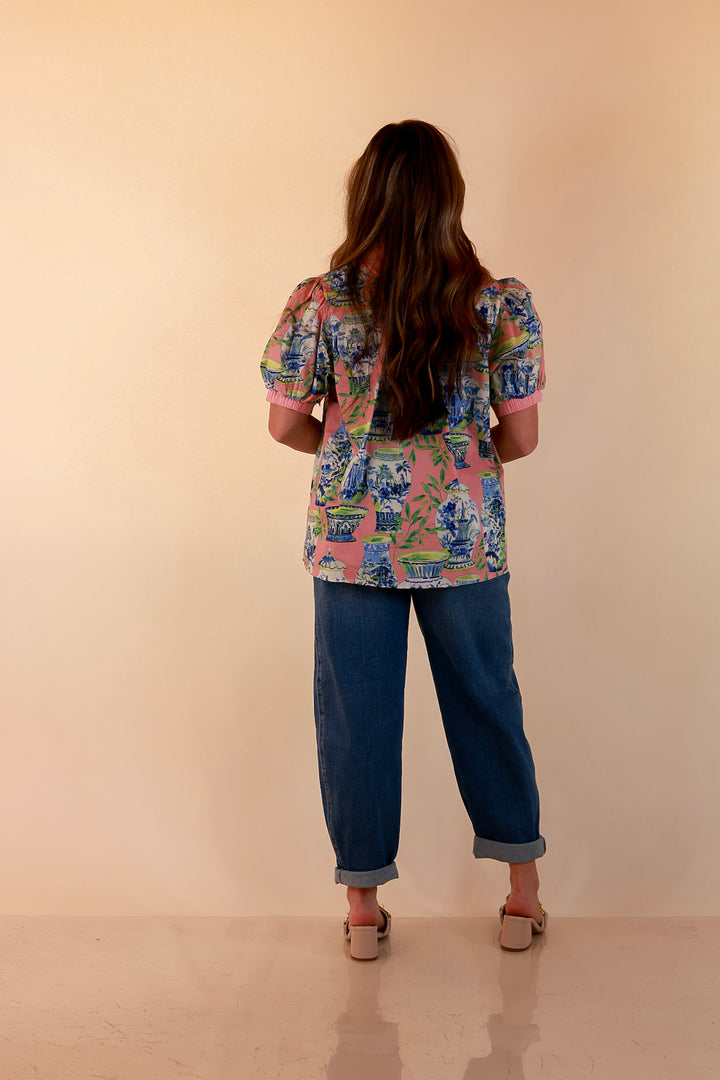 Coast is Clear Vase Print Contrast Trim Top with Puff Sleeves in Coral Pink Multi