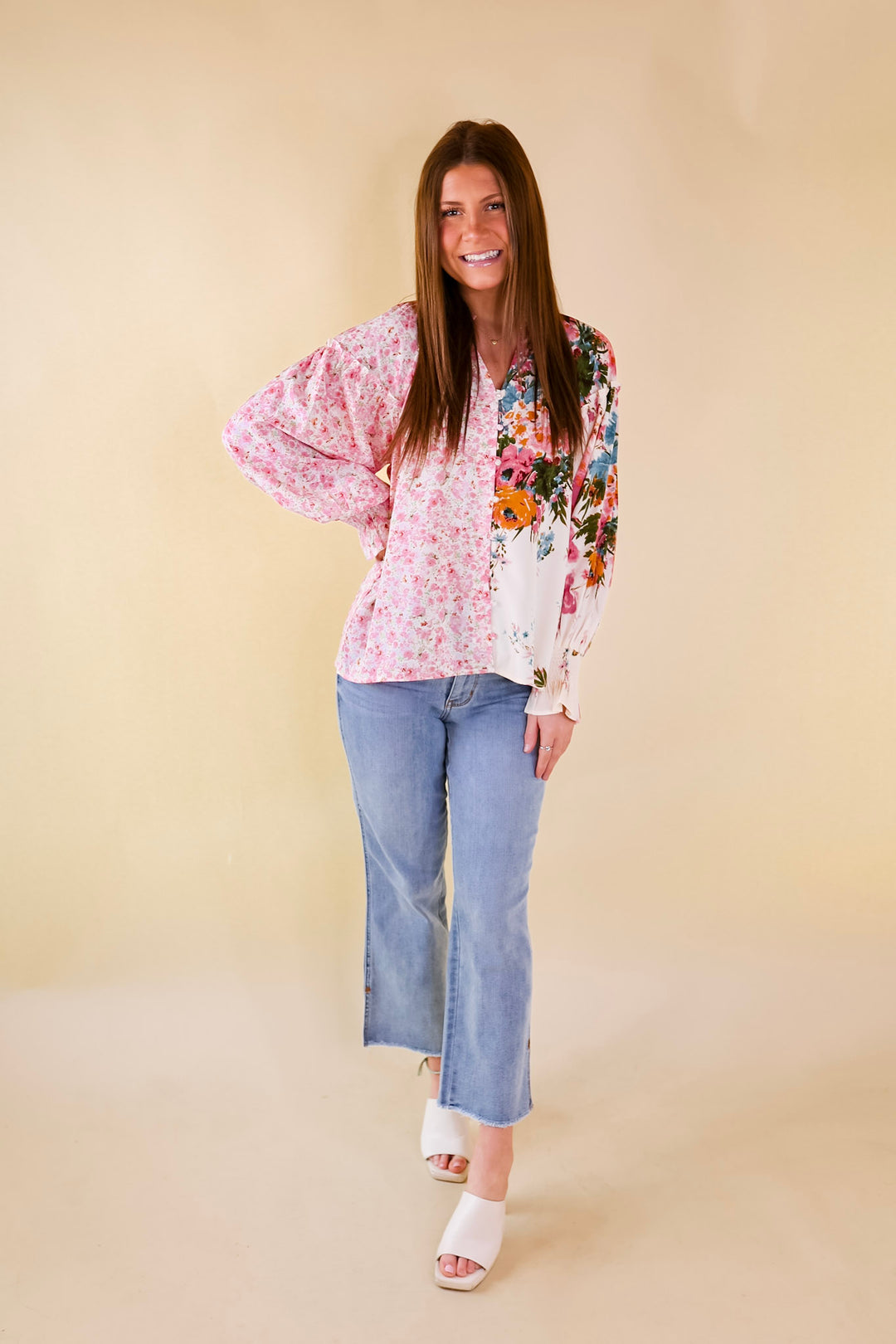 Tulip Time Floral Mix Print Button Up Blouse in Pink - Giddy Up Glamour Boutique