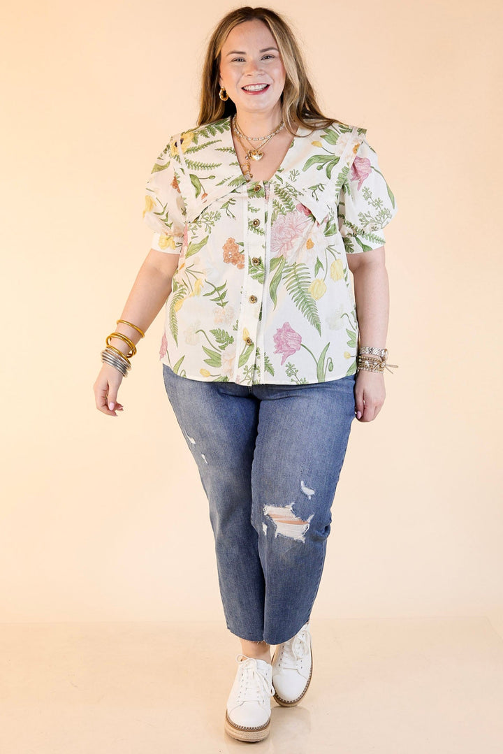 Finishing Touches Button Up Floral Print Top with Peter Pan Collar in Cream
