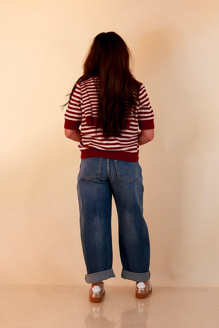 Leading Lady Faux Sweater Tie Detail Short Sleeve Striped Knit Top in Burgundy and Ivory