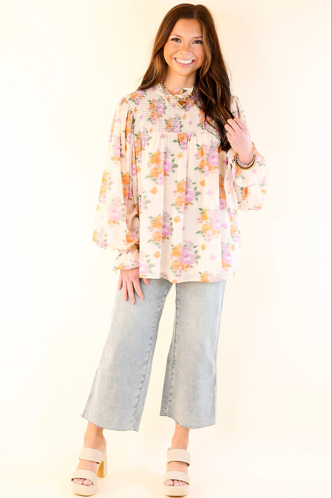 Garden Glow Watercolor Floral Print Blouse with High Neckline in Ivory