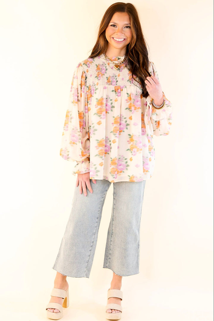 Garden Glow Watercolor Floral Print Blouse with High Neckline in Ivory