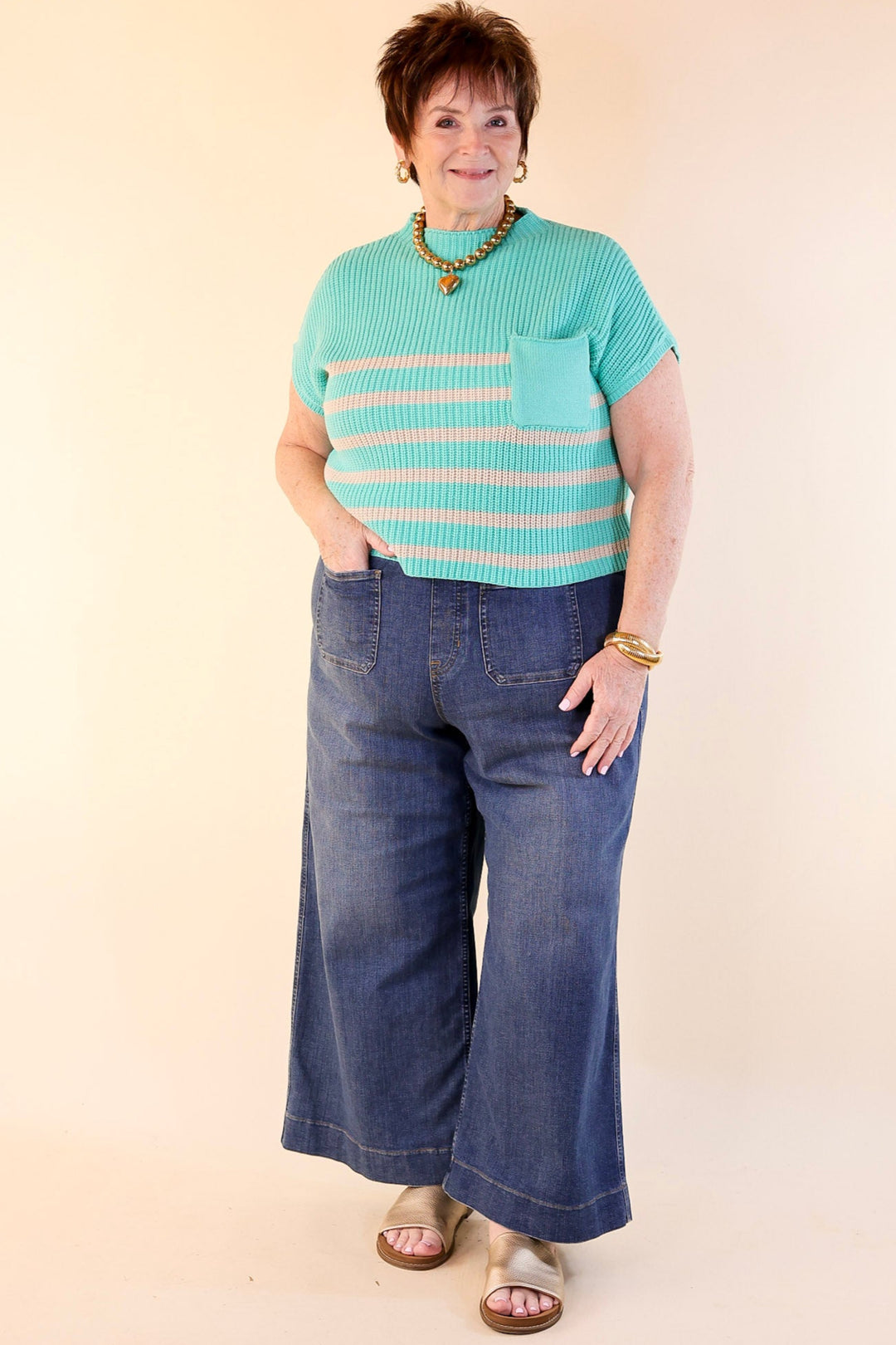 Repeat Worthy Striped Cap Sleeve Cropped Sweater with Front Pocket in Mint Green