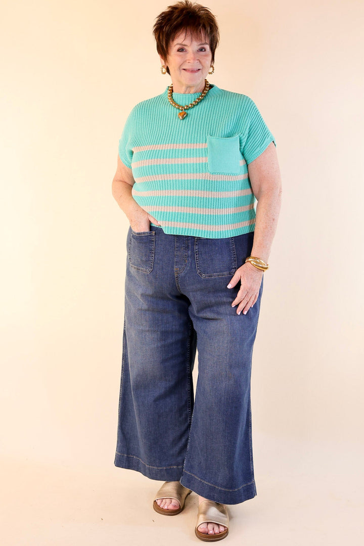 Repeat Worthy Striped Cap Sleeve Cropped Sweater with Front Pocket in Mint Green