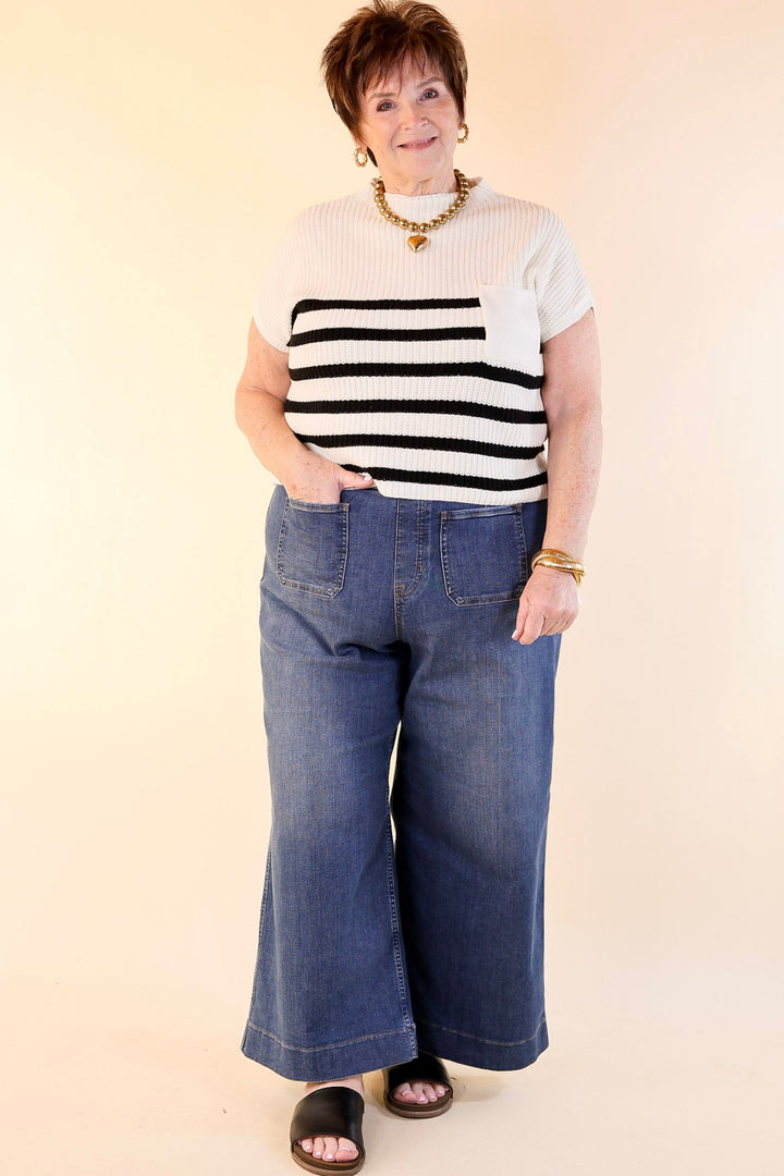 Repeat Worthy Striped Cap Sleeve Cropped Sweater with Front Pocket in Ivory