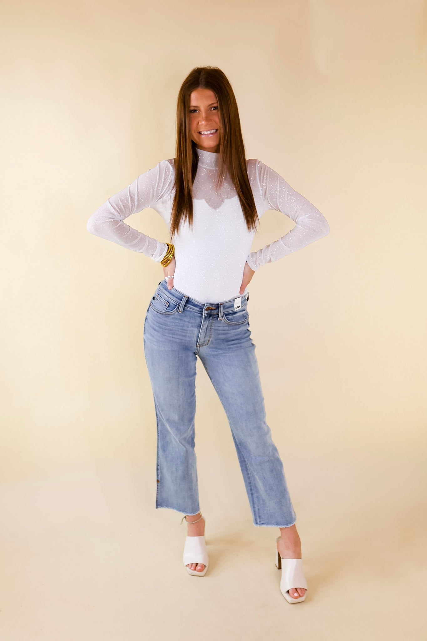 Try Your Luck Glitter Mesh Long Sleeve Bodysuit in White - Giddy Up Glamour Boutique