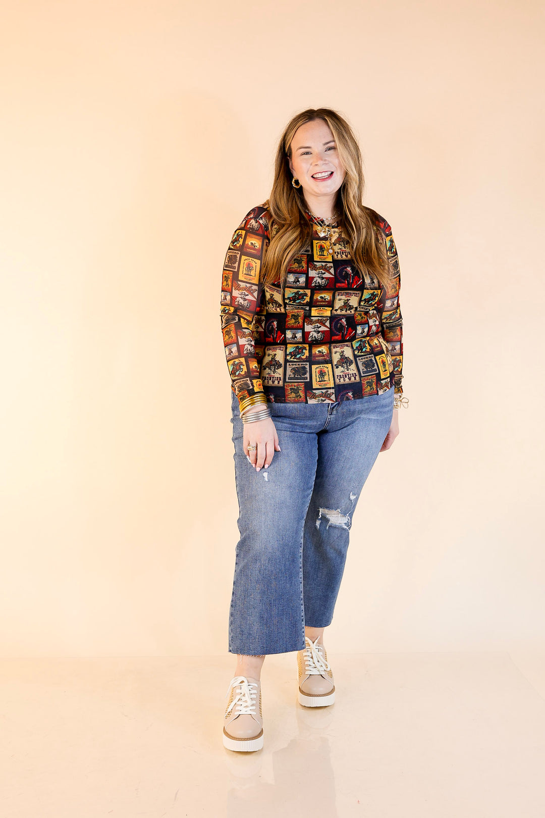 Light Layer Vintage Poster Print Mesh Long Sleeve Top