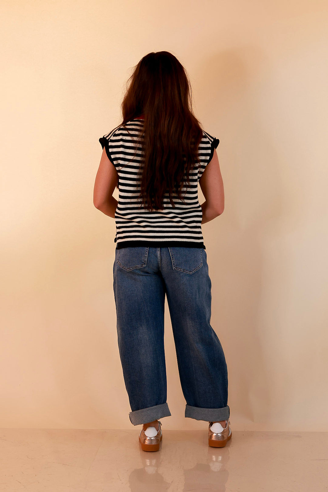 Worth the Hype Red Trim Crew Neck Stripe Sweater Knit Top in Black and Ivory