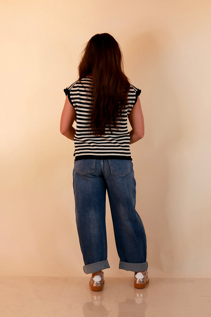 Worth the Hype Red Trim Crew Neck Stripe Sweater Knit Top in Black and Ivory