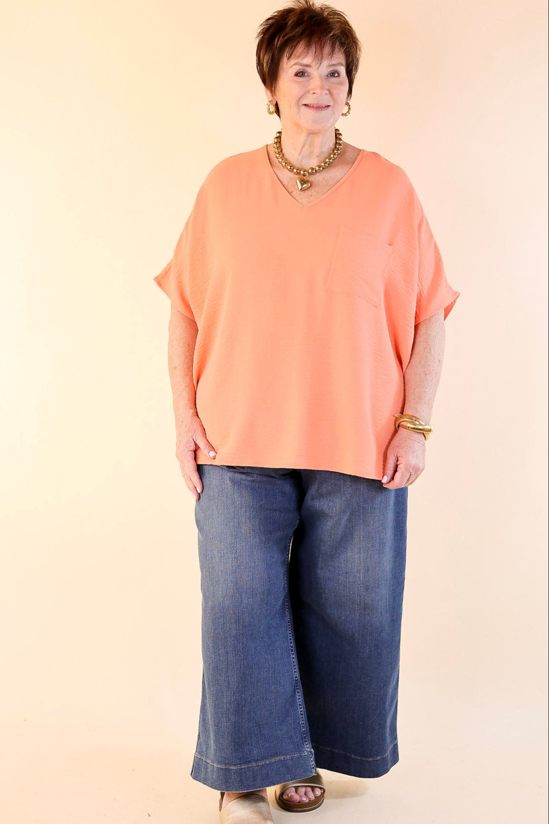 Try To Resist Short Sleeve V Neck Top with Front Pocket in Coral