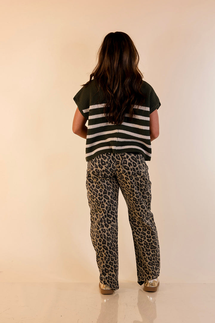 Repeat Worthy Striped Cap Sleeve Cropped Sweater with Front Pocket in Olive Green