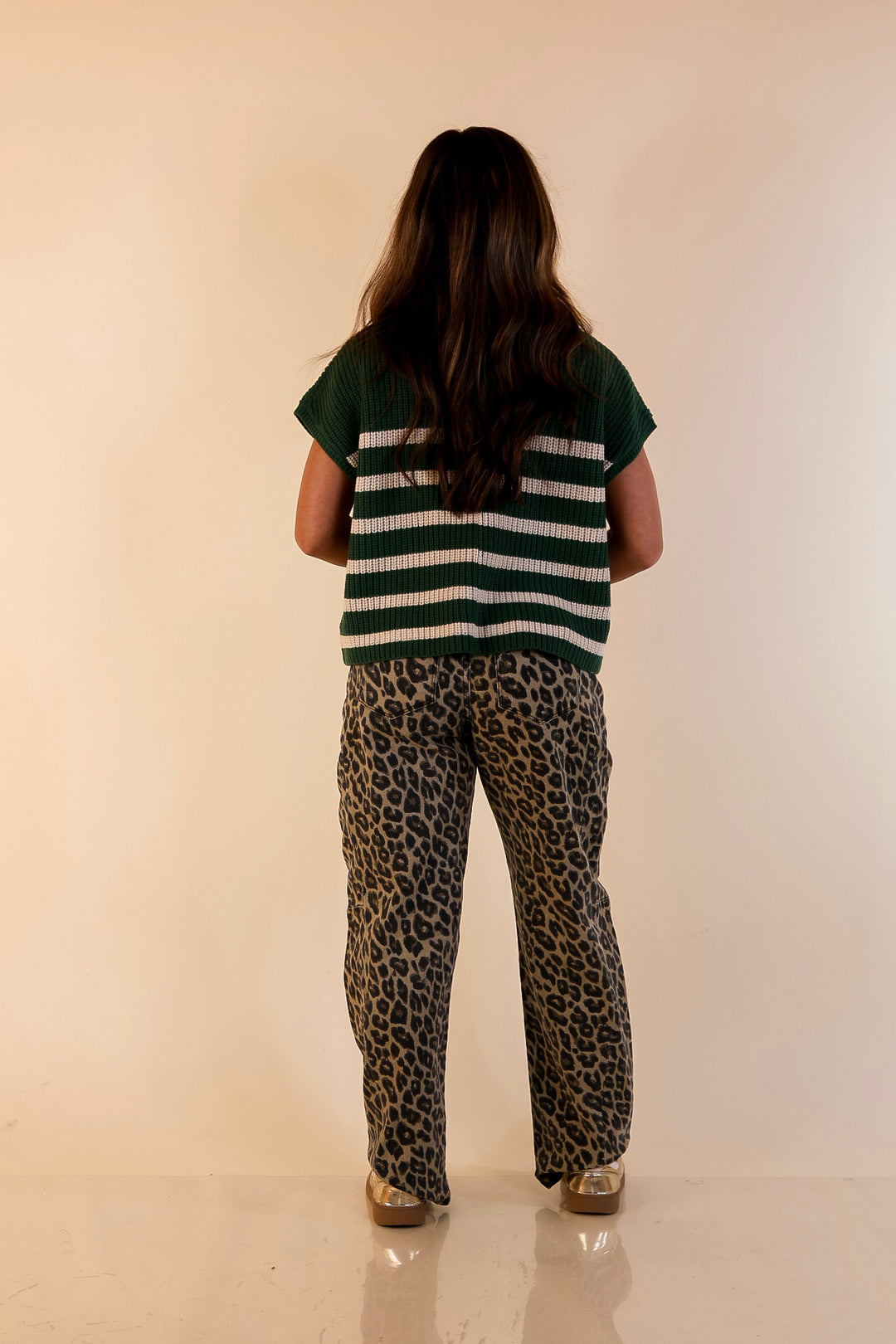 Repeat Worthy Striped Cap Sleeve Cropped Sweater with Front Pocket in Forest Green