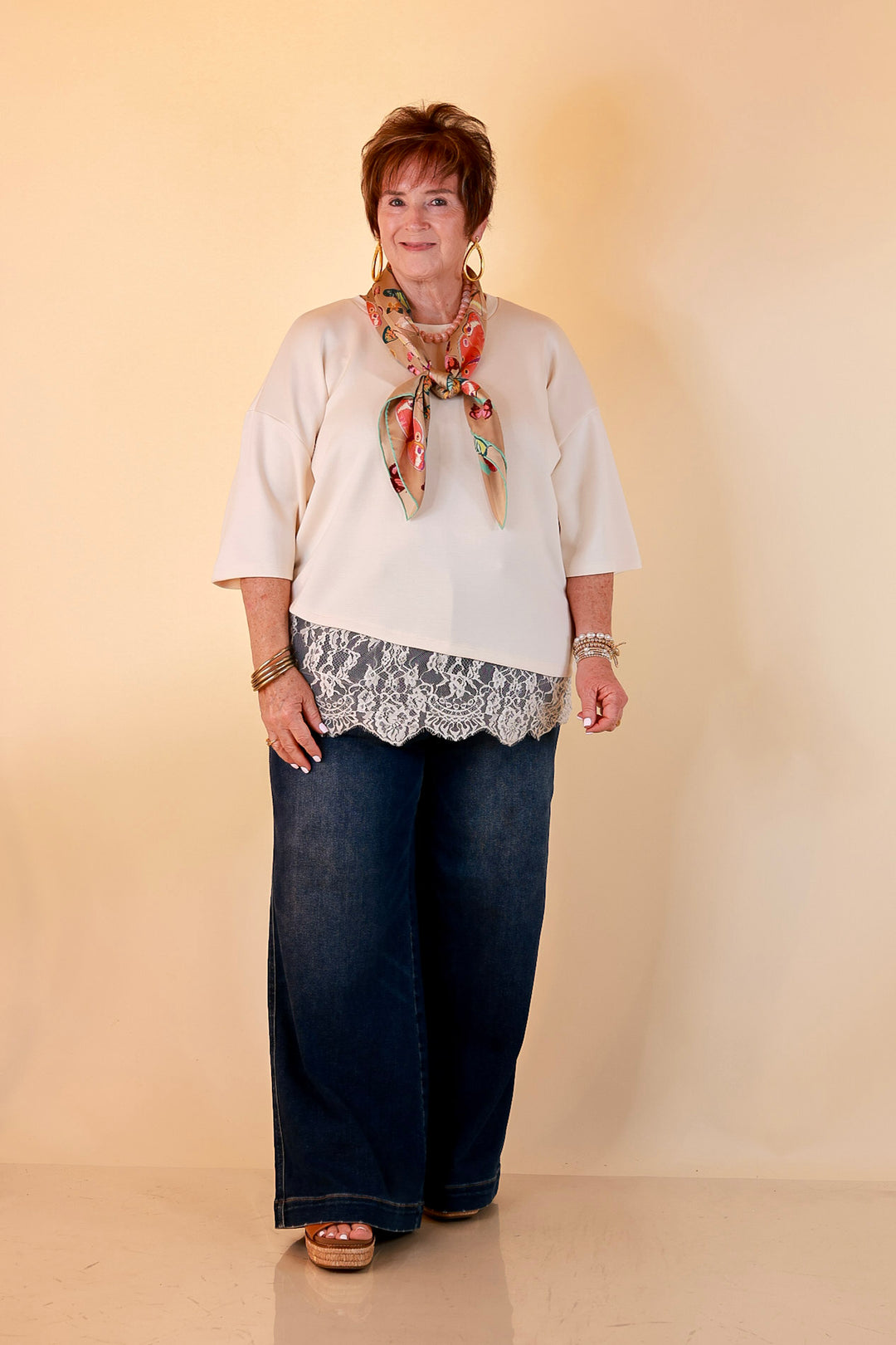 Laced with Charm Oversized Asymmetrical Lace Trim Boxy Top in Ivory
