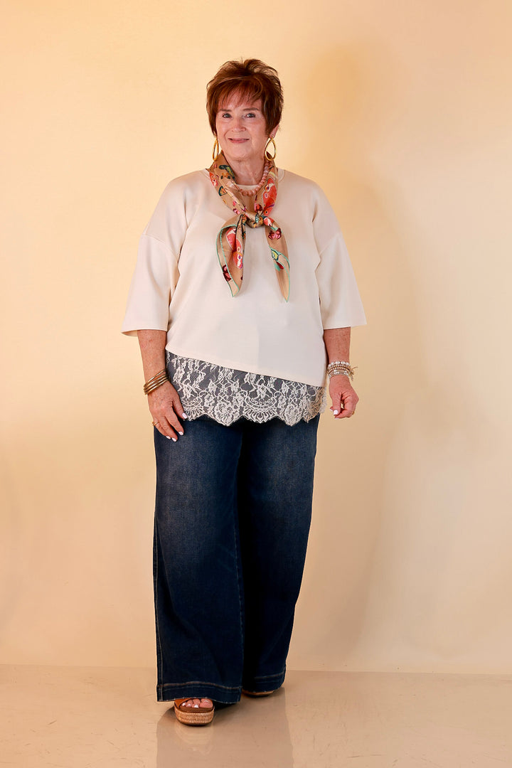 Laced with Charm Oversized Asymmetrical Lace Trim Boxy Top in Ivory