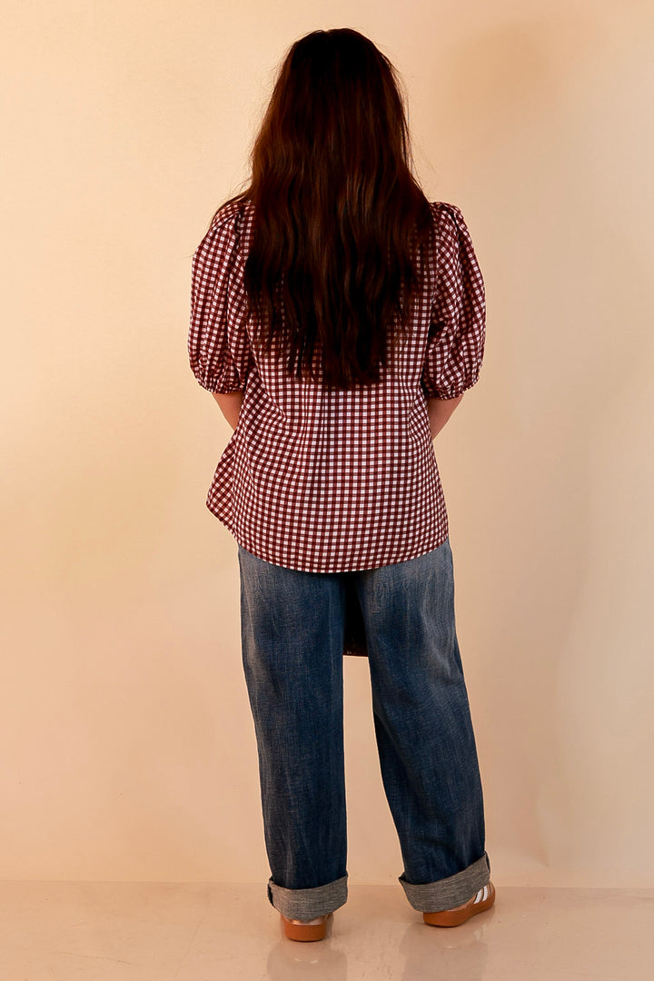 Check the Agenda Contrast V-Neck Button Detail Gingham Puff Sleeve Top in Maroon and Ivory