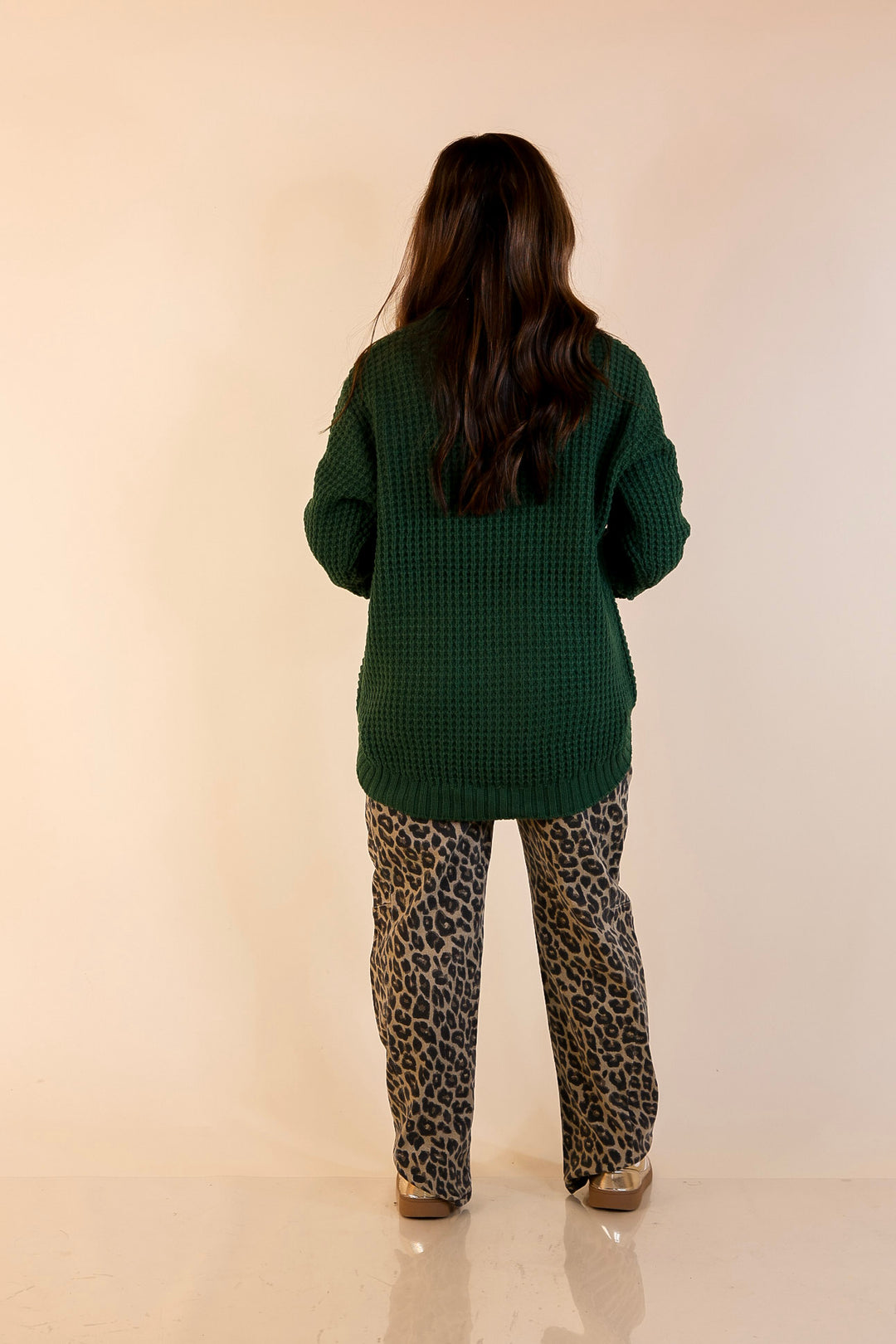 Cool Day Classic Scoop Neck Long Sleeve Large Waffle Knit Sweater in Forest Green
