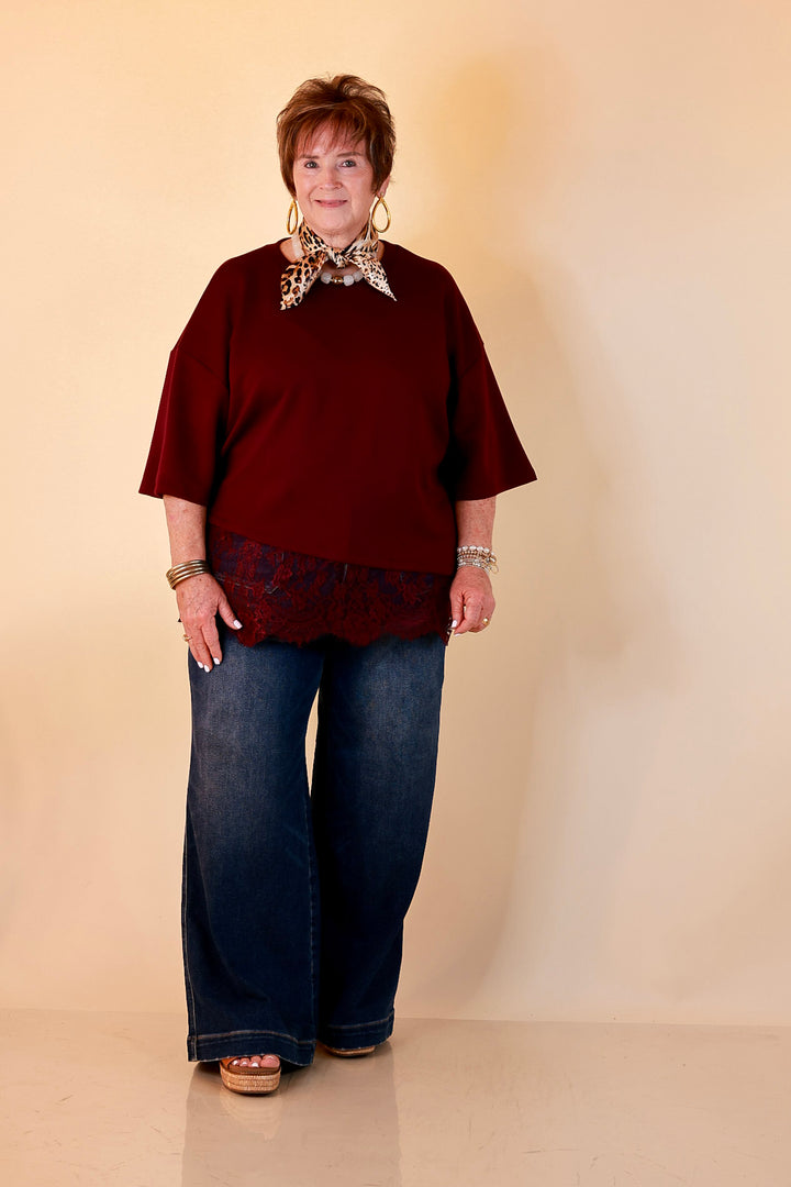Laced with Charm Oversized Asymmetrical Lace Trim Boxy Top in Maroon