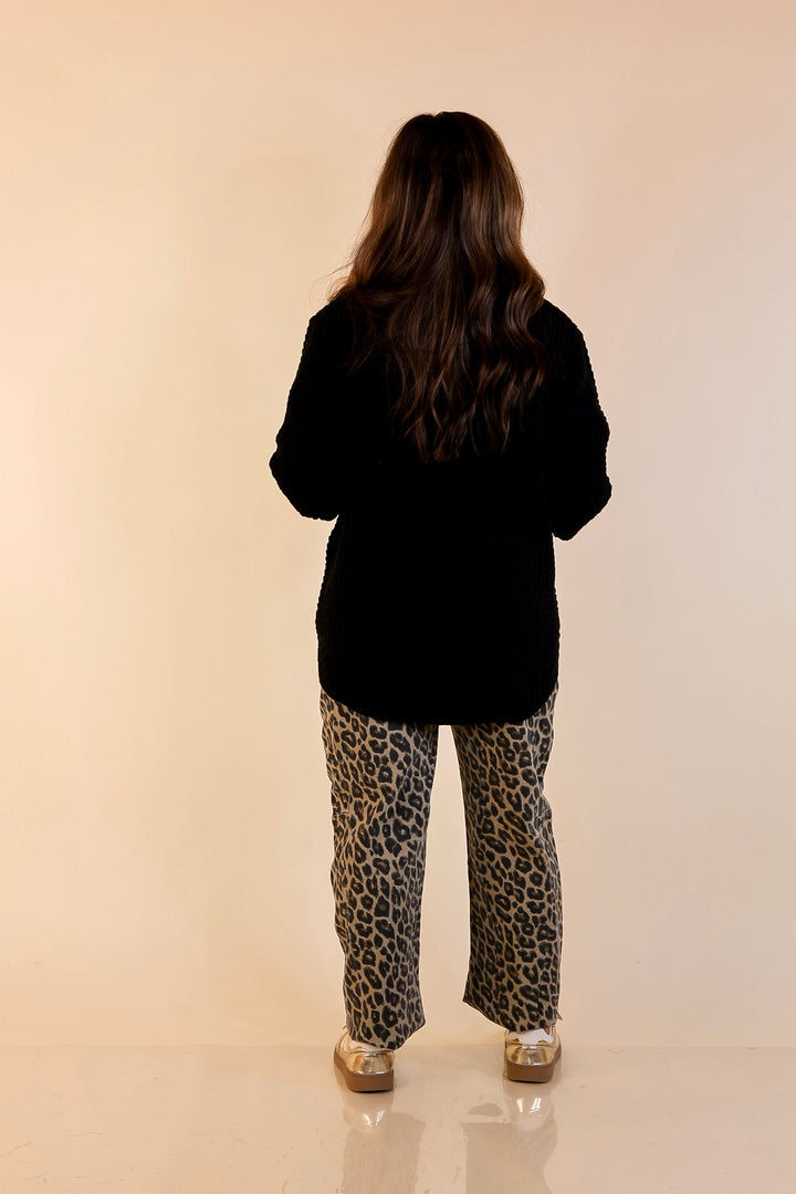 Cool Day Classic Scoop Neck Long Sleeve Large Waffle Knit Sweater in Black