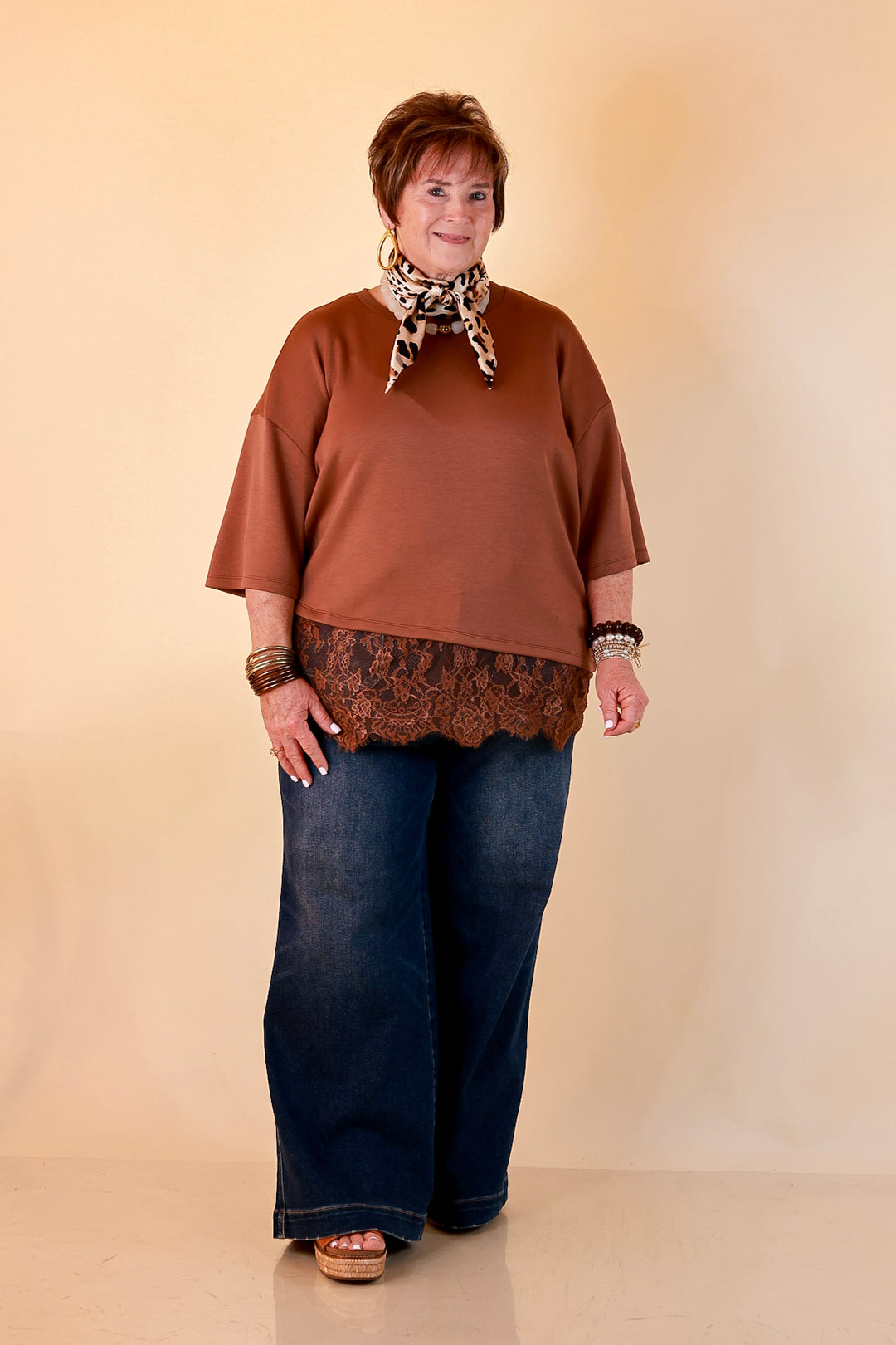 Laced with Charm Oversized Asymmetrical Lace Trim Boxy Top in Coco Brown