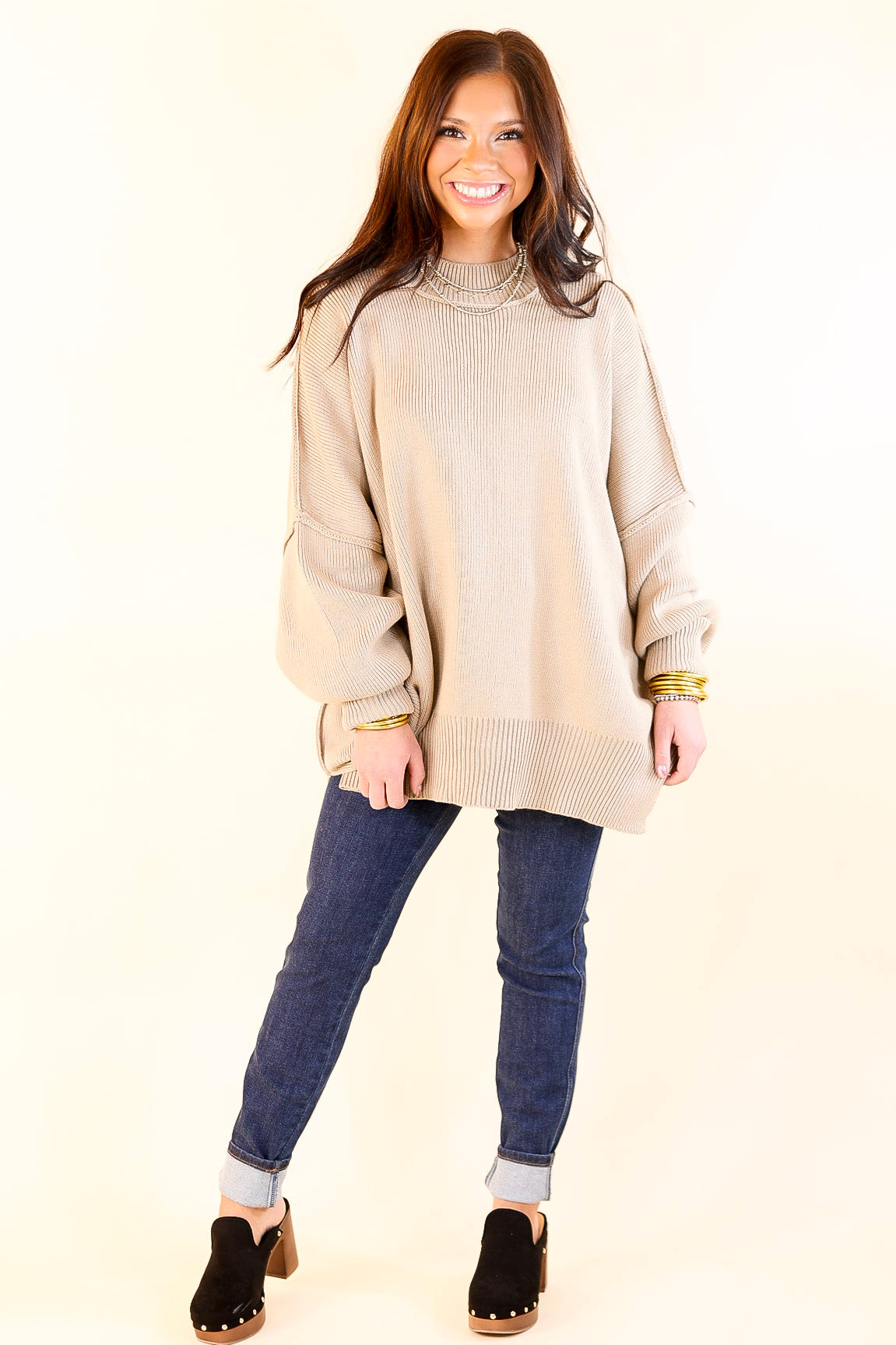 Snug and Stylish Mock Neck Sweater with Side Slit in Light Mocha Brown