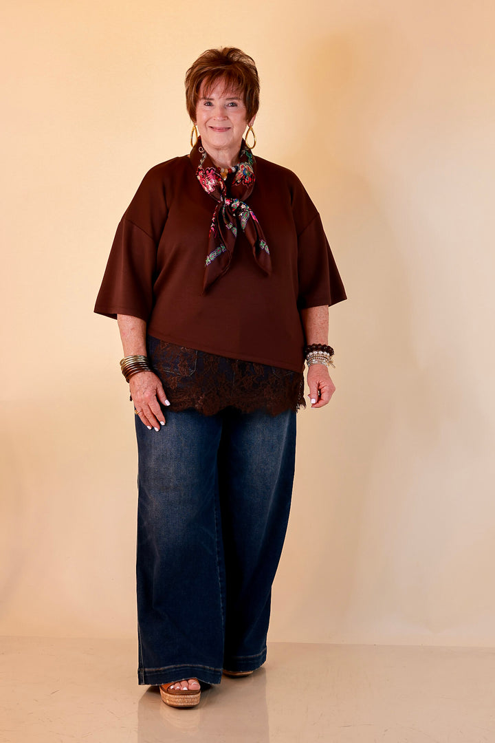 Laced with Charm Oversized Asymmetrical Lace Trim Boxy Top in Chocolate Brown