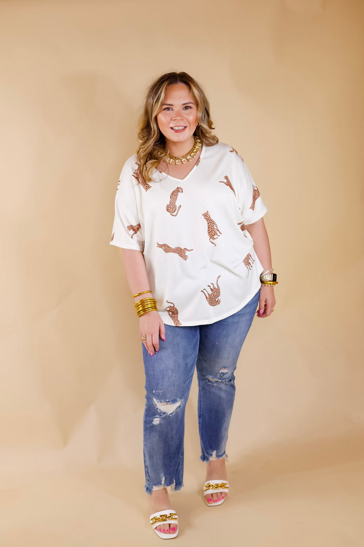 Wild Side Cheetah Print V Neck Top with Short Sleeves in Ivory - Giddy Up Glamour Boutique