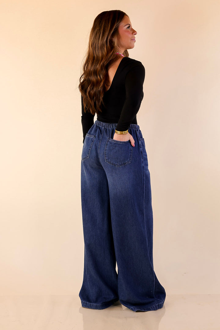 Judy Blue | Easy Like That Wide Leg Palazzo Featherweight Elastic Waistband Jeans in Dark Wash