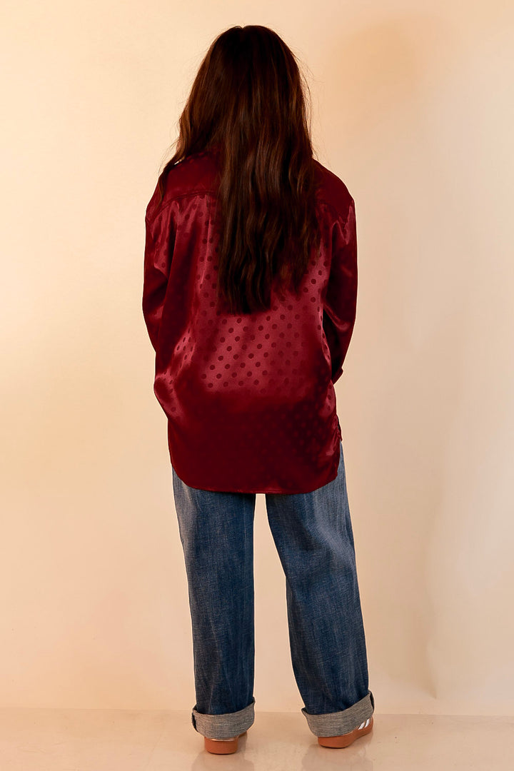 Polished Point of View Satin Collared Polka Dot Button Down Blouse with Gold Buttons in Maroon