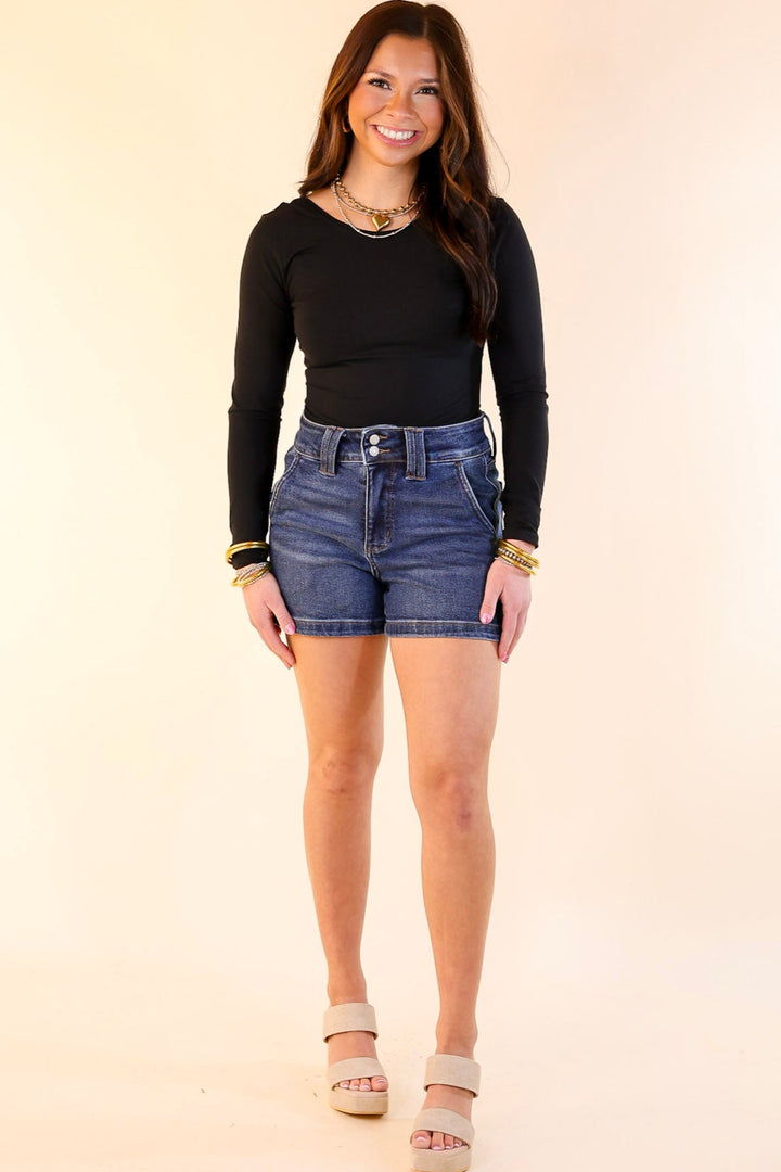 Judy Blue | Chic and Simple Trouser Shorts with Double Button Waistband in Dark Wash