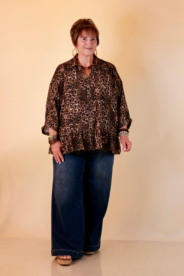 Quite the Impression Collared Button Front Leopard Print Peplum Top in Brown Multi
