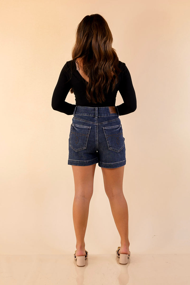 Judy Blue | Off-Duty Essential Tummy Control Trouser Shorts with Double Button Waistband in Dark Wash